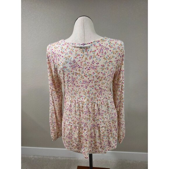 Torrid Floral Print Ribbed Peplum Long Sleeve Top Size M Cream/Pink/Blue Stretch - Picture 3 of 5